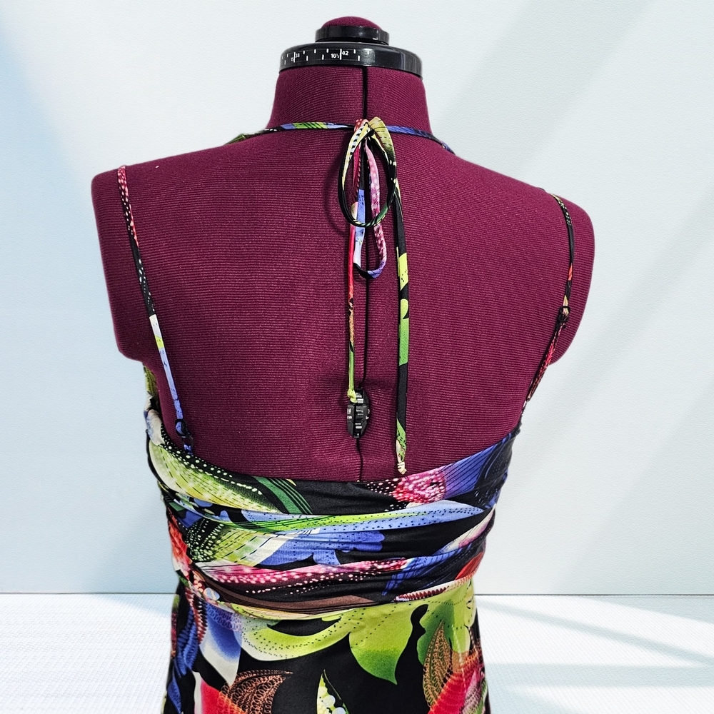 Y2K Cache Vintage 100% Silk Party Bright Colorful Floral Halter Midi Dress - Picture 7 of 15